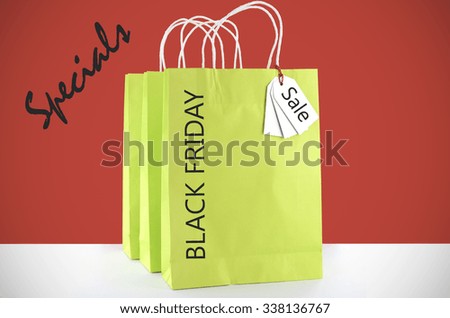 Lime green shopping bag on red and white background for Black Friday sales with sample text. 