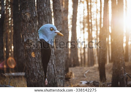 Creepy young man in a rubber bird mask hiding behind trees in the autumn sunset forest