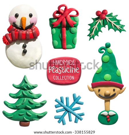 Handmade plasticine Christmas objects collection. Christmas and New Year holiday symbols. All objects are plasticine handmade.