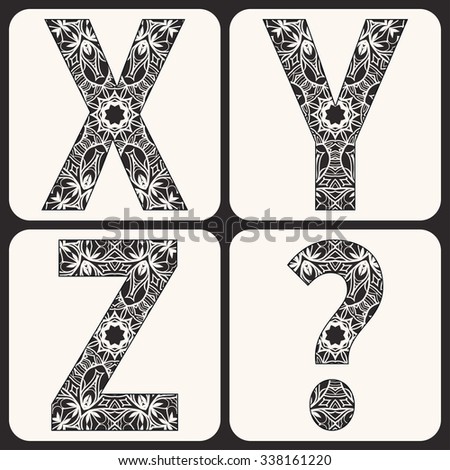 Vector monochrome alphabet, capital letters with floral and geometric ornament, lace pattern. Isolated design elements for scrapbooks, Invitations or Cards, fabric or paper print. Black and white