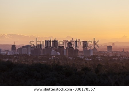Warm dawn light on Century City and Beverly Hills with downtown Los Angeles in the background.  