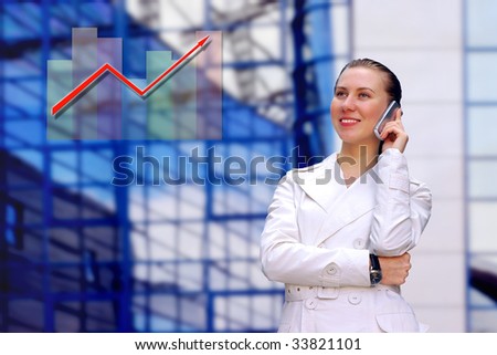 Happiness business-women call by phone on business architecture background
