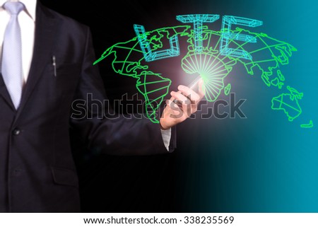 Businessman draws a hologram of the word "LTE" on the map of the earth
