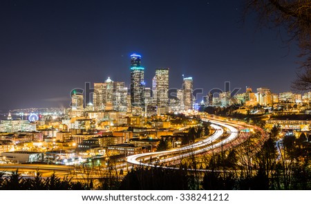scenic view of seattle city scape at night time,Washington,USA.