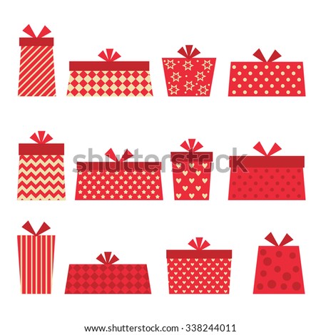 Set of different vector red present boxes