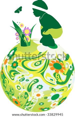 Child on the floral sphere. Raster version of vector illustration.