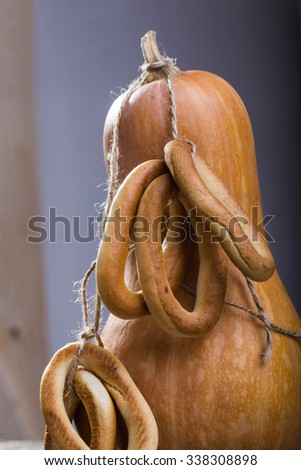 Photo still life closeup partial one big gourd standing with bunches of hard oval cracknels bind with string on stalk over grey background, vertical picture 
