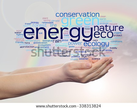 Concept or conceptual abstract green ecology, conservation word cloud text man hand, rainbow sky background for environment, recycle, earth, clean, alternative, protection, energy, eco friendly or bio