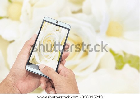 Hand male Asian holding Smartphone taking picture of beautiful flower background