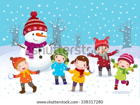 Illustration of kids playing outdoors in winter