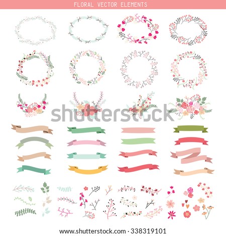 Wedding graphic set, flowers, ribbon, floral vector element.