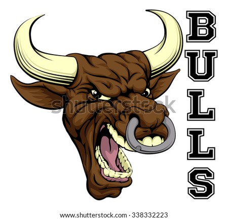 An illustration of a bull sports mascot head with the word bulls