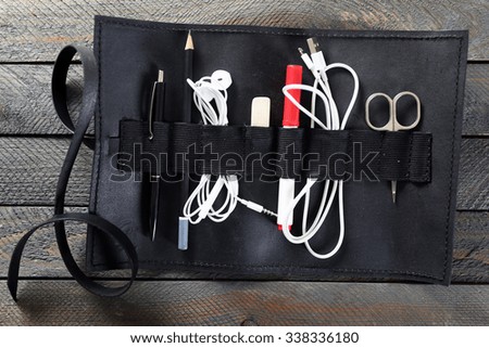 Open Leather case on wooden background