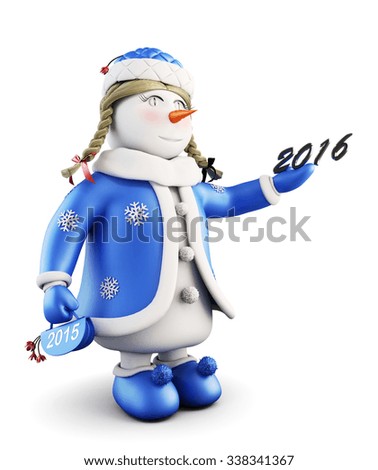 Snow maiden with New Year. Snowman-girl on a white background. 3d illustration.