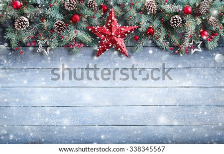 Christmas Greeting Card - Fir Branch And Decoration On Snowy Plank 