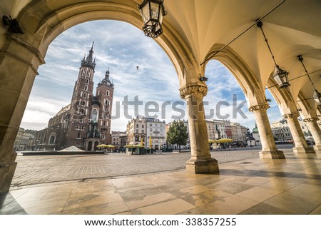 Historic Krakow Market Square in the Morning, Poland Royalty-Free Stock Photo #338357255