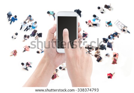 Hand holding smart phone on people shopping background