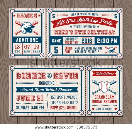Vector illustrations for Invitation tickets for Baseball and softball themed events