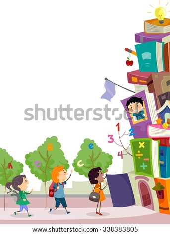 Stickman Illustration of Kids About to Enter a School Made from Stacked Books