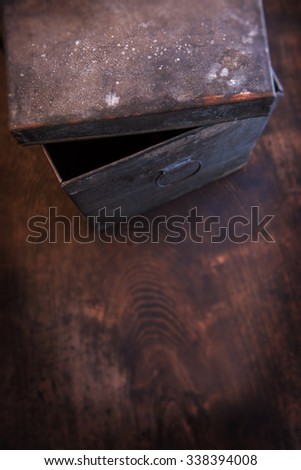 Archives. Very old document storage box on with lid open on old desk. Focus is on top edge Extremely shallow depth of field. low key.