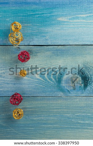Christmas decoration border on grunge blue wooden board background. Winter holidays concept. Copy space for your text. Merry Christmas and happy new year!