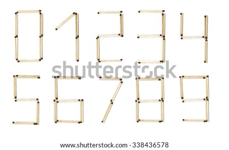all numbers  made of safety match  isolated on white background