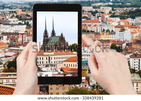 travel concept - tourist snapshot of Cathedral of St Peter and Paul in Brno town on tablet pc