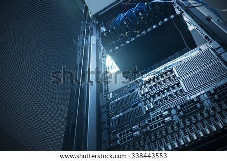 Array disk storage in data center with depth of field in cool tone