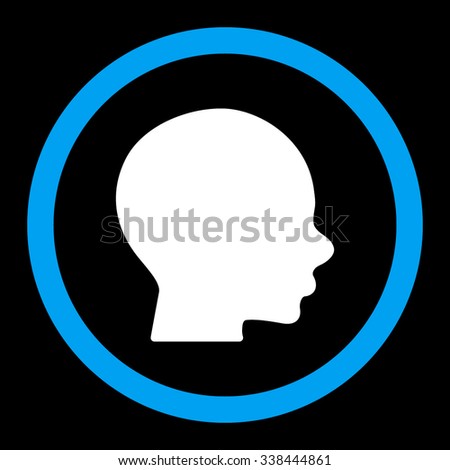 Head vector icon. Style is bicolor flat rounded symbol, blue and white colors, rounded angles, black background.
