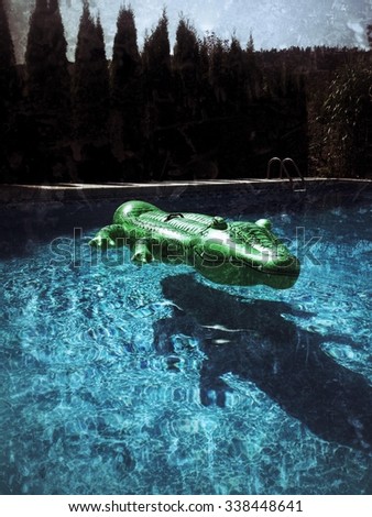 Green alligator pool toy floating in backyard pool Distressed look
