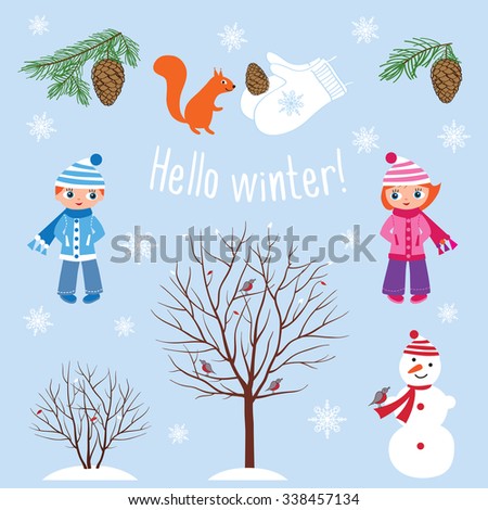 Big set of winter elements: Children, snowman, tree, spruce and pine spruce, squirrel. Design elements for Christmas, New Year. Vector illustration.