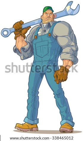 Vector Cartoon Clip Art Illustration of a big tough looking mechanic or engineer or other type of handyman holding a wrench on his shoulder.