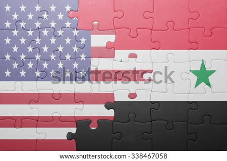 puzzle with the national flag of united states of america and syria.concept