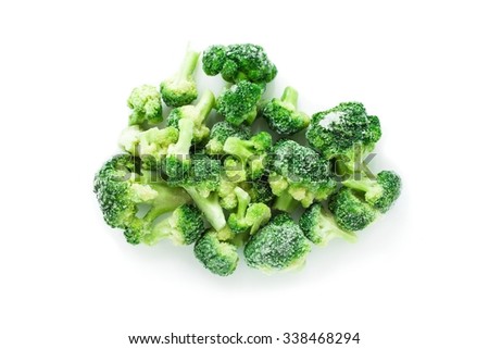 Heap of frozen broccoli isolated over white, top view Royalty-Free Stock Photo #338468294