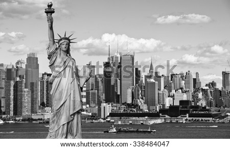 photo tourism concept new york city with statue liberty. black and white new york city skyline midtown Manhattan. new york black and white statue of liberty.  