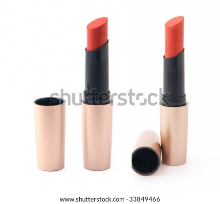 2 big photo of Open tube of red lipstick on white background