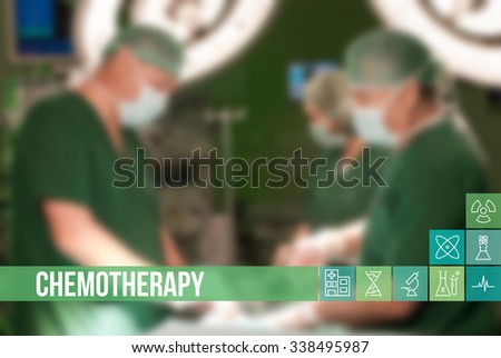 Chemotherapy concept image with text and icons illustrating chemo with doctors in surgery room on background