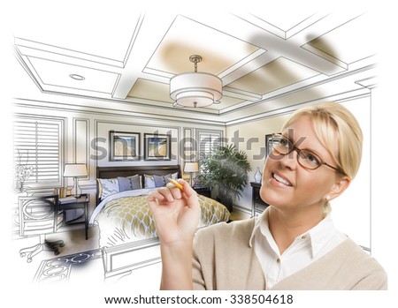 Creative Woman With Pencil Over Custom Bedroom Design Drawing and Photo Combination. The framed art is photographer's copyright.