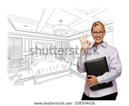 Woman with Okay Sign Over Beautiful Custom Bedroom Drawing Photo Combination. The framed art is photographer's copyright.