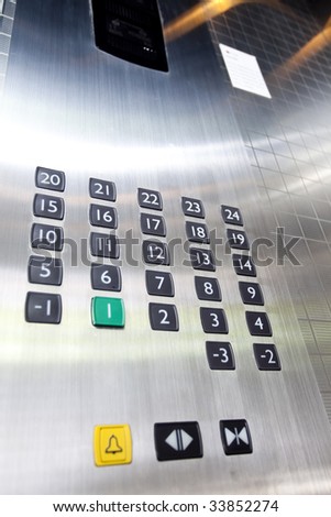 Elevator in high building or hotel, buttons of the floors