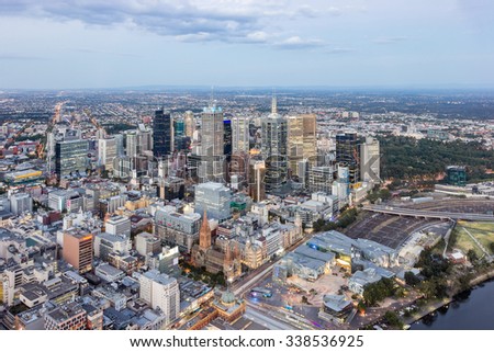 Melbourne City, Skyline Aerial View Downtown CBD Cityscape, Federation Square, Yarra River and St Paul's Cathedral at Dusk in Summer