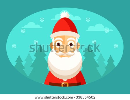 Cute Cartoon Santa Claus. Trees and Snowflakes on Background. Vector Illustration