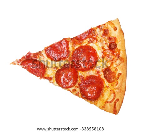 Slice of fresh italian classic original Pepperoni Pizza isolated on white background Royalty-Free Stock Photo #338558108