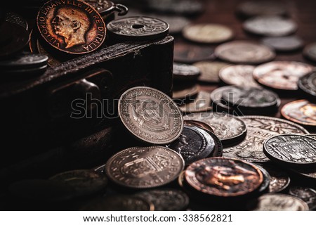 old coins in chest Royalty-Free Stock Photo #338562821