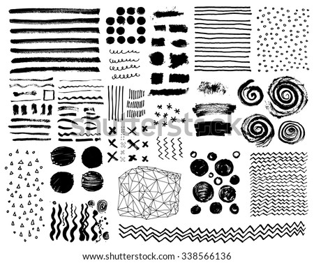 Vector set of grungy hand drawn textures. Lines, circles, crosses, smears, spirals, waves, brush strokes, triangles. Hand drawn elements for your graphic design Royalty-Free Stock Photo #338566136