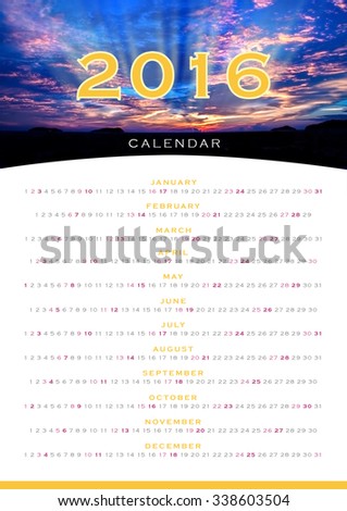 Calendar 2016 with beautiful sunrise background