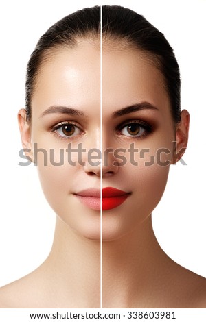 Beautiful young  woman before and after make-up applying. Comparison portrait. Two parts of model face with and without makeup. Two parts of face, with bright make up and natural Royalty-Free Stock Photo #338603981