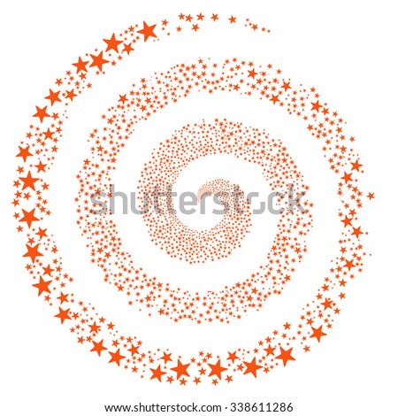 Fireworks Star Spiral vector illustration. This Christmas Pyrotechnic illustration is drawn with orange flat bright stars on a white background.