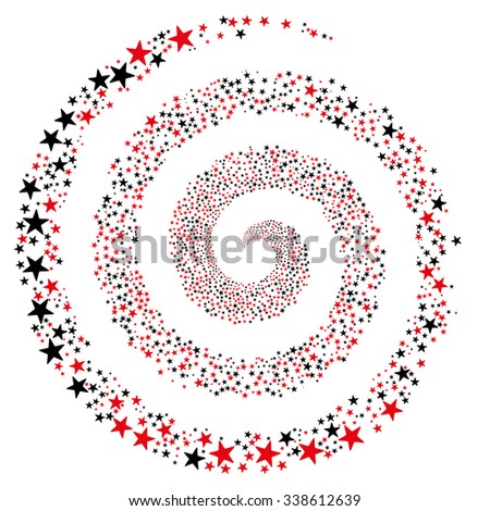 Fireworks Star Spiral vector illustration. This Christmas Pyrotechnic illustration is drawn with intensive red and black flat bright stars on a white background.