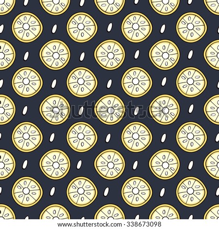 Seamless texture with slices of lemon. Infinite pattern on a dark background.